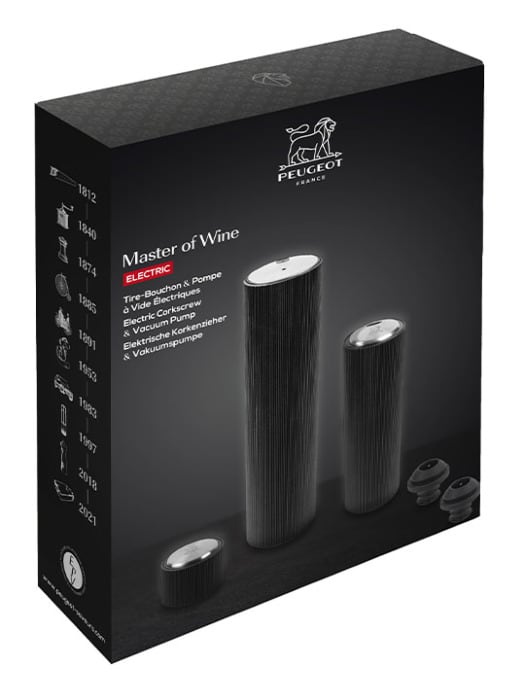 Master of wine Geschenkbox mit line reverse elektrischer korkenzieher und line preserve elektrische vakuumpumpe für weine - Peugeot Saveurs