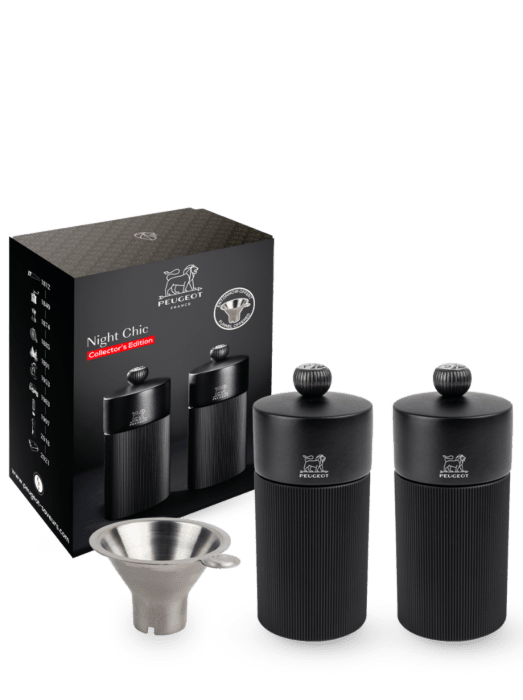 Поклон сет Night chic Дуо млин за бибер и со, мат црна, 12 цм + левак од нерђајућег челика - Peugeot Saveurs