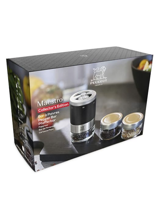 Маестро млин за бибер maestro u'select, мат црни, може се млевети са 3 различите врсте бибера и 3 заменљиве посуде - Peugeot Saveurs