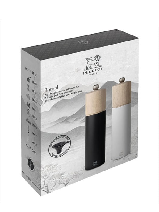 Поклон сет Дуо Бореал - млин за бибер и со Дуо Бореал 21 цм и силиконски левак - Пежо Саверс
